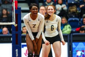 TORONTO, ON - Mar 4, 2016 : Ontario University Athletics Womens Volleyball Final 4 Semi-Final game action between Ryerson Rams and Western Mustangs. (Courtesy Alex D'Addese/Ryerson Rams Athletics)