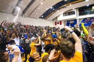 TORONTO, ON - Mar 12, 2016 : Ontario University Athletics Mens Basketball Final Championship game action between Ryerson Rams and Carleton Ravens. (Photo by Alex D'Addese /Ryerson Rams Athletics) This photo was awarded the 2015-2016 OUA Photo of the Year. (Courtesy Alex D'Addese/Ryerson Rams Athletics)
