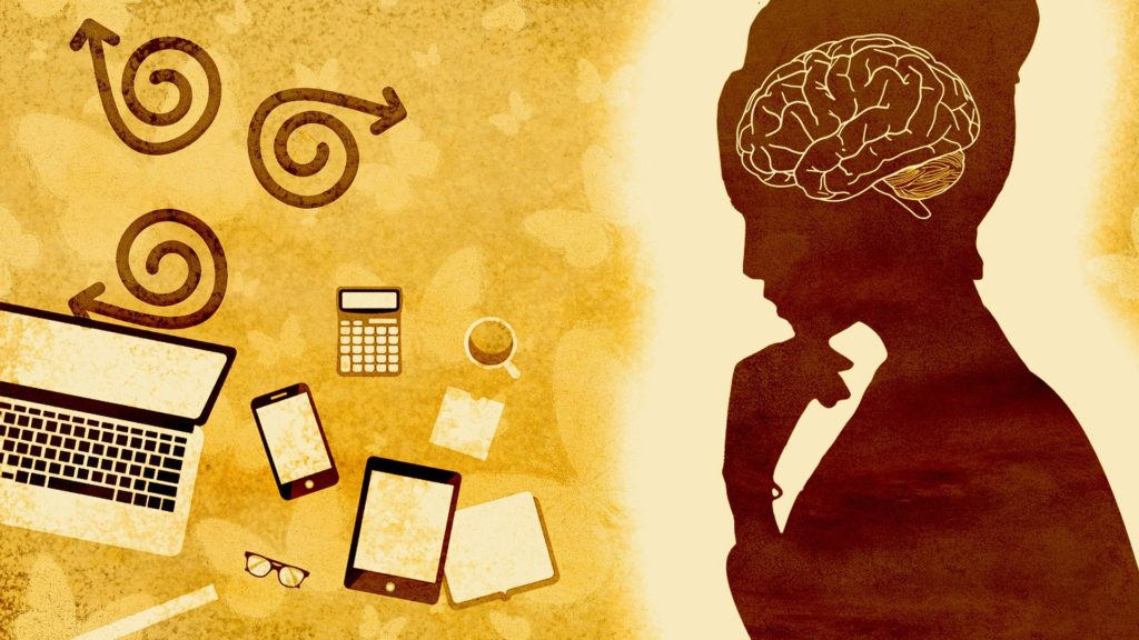 a cartoon image of a silhouette of a person thinking with their brain visible and a laptop and phones on their left-hand side