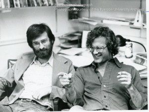 Myer Siemiatycki (left), Jack Layton (right). Photo originally appeared in The Ryersonian on Oct. 11, 1979. (Courtesy Ryerson University Archives)