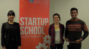 Sonya Noronha, Lediona Canellari, Alif Ruhul and Jason Myers (not pictured) are student leaders who facilitate the Ryerson Entrepreneur Institute/TRSM's StartUp School project. (Janelle Jordan / Ryersonian Staff)