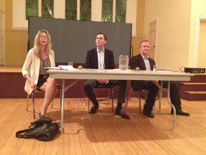 Linda McQuaig, Bill Morneau and Colin Biggin at the St. James Town debate. (Kiah Berkeley / Ryersonian Staff)