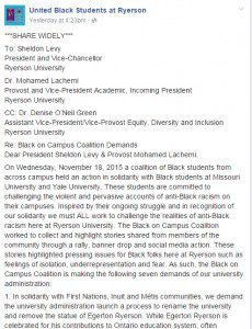 A screenshot of the demands posted on the United Black Students Ryerson Facebook account.