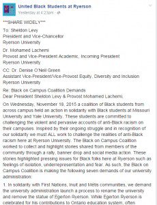 A screenshot of the demands posted on the United Black Students Ryerson Facebook account. 