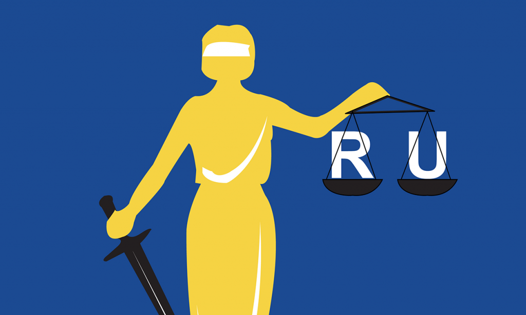 Illustration of justice woman holding sword and scale with the letters "R U in them"