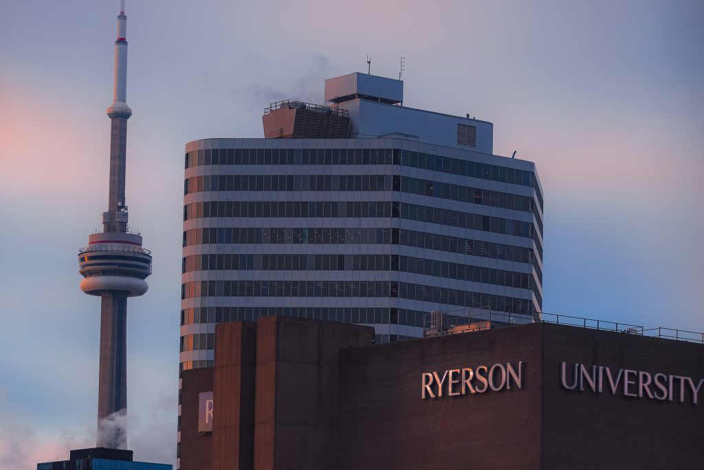 Ryerson's campus and the CN tower against a sun rise