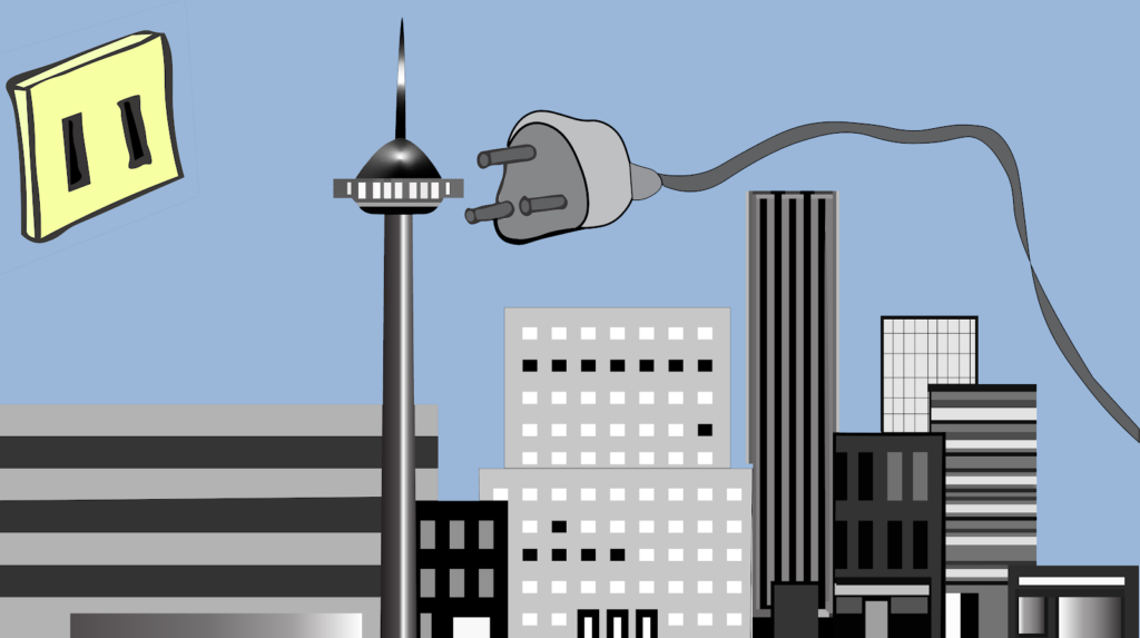 a cartoon graphic of the Toronto skyline with the CN Tower and a plug and socket hovering over it