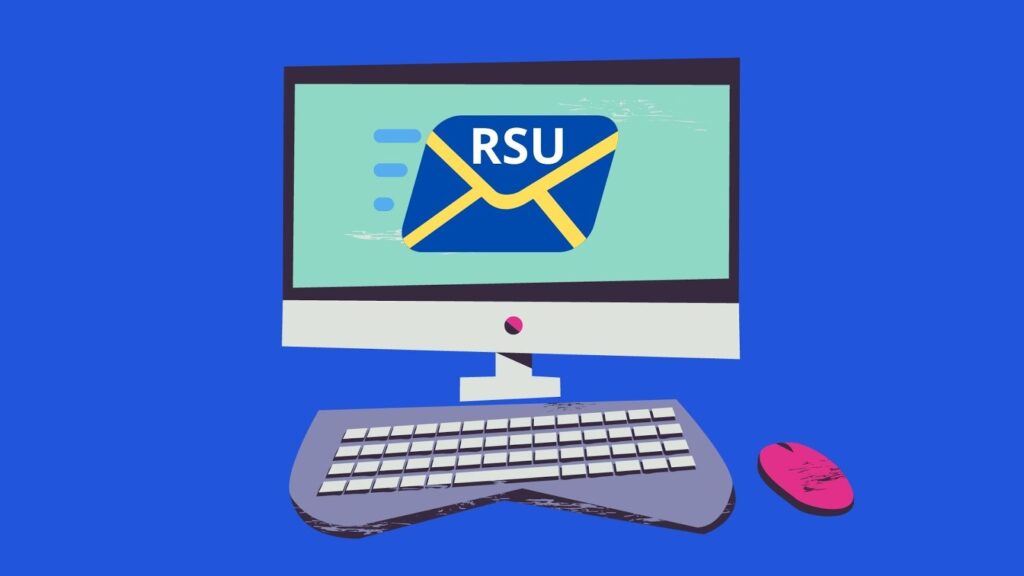 a cartoon computer with a mail emoji on it that says RSU with a blue background
