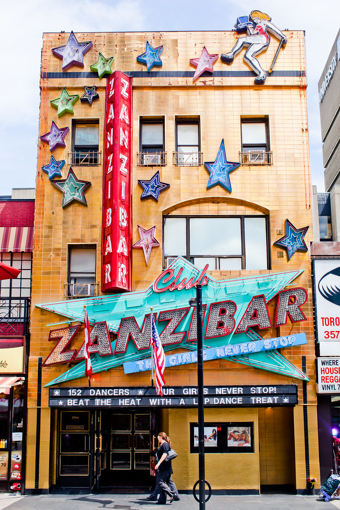 the front of a building called Zanzibar on Yonge Street in downtown Toronto